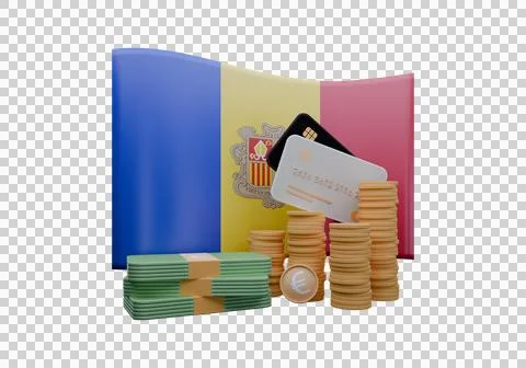 3D render illustration of Andorra flag and currency called Euro Stock Illustration