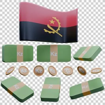 3D render illustration of Angola flag and currency called Kwanza Stock Illustration