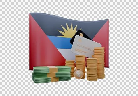 3D render illustration of Antigua &amp; Barbuda flag and currency called Dollar Illustrazione stock