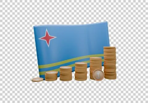 3D render illustration of Aruba flag and currency called Guilder Stock Illustration