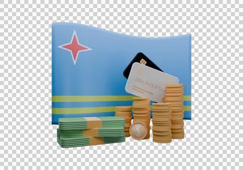 3D render illustration of Aruba flag and currency called Guilder Stock Illustration