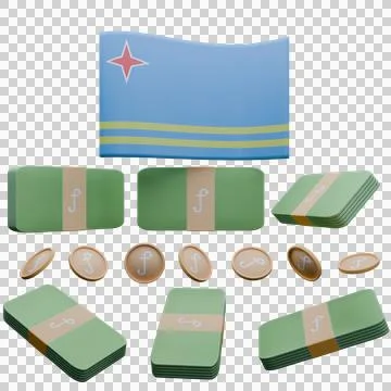 3D render illustration of Aruba flag and currency called Guilder Stock Illustration