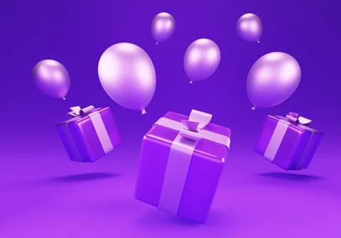 3d render illustration. Baloons and gift boxes in trendy Very Peri color Stock Illustration