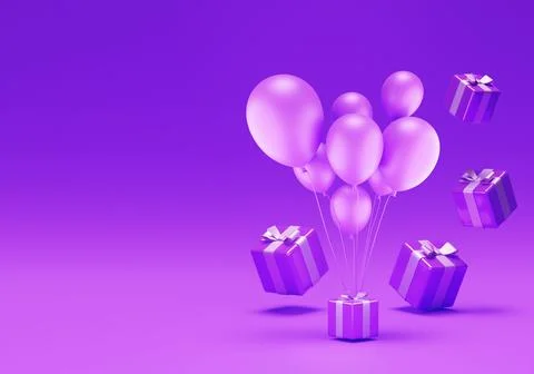 3d render illustration. Baloons and gift boxes in trendy Very Peri color Stock Illustration