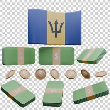 3D render illustration of Barbados flag and currency called Dollar Stock Illustration