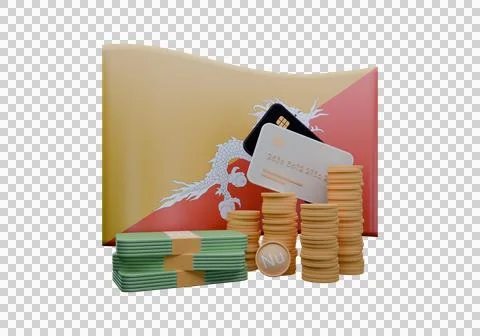 3D render illustration of Bhutan flag and currency called Ngultrum Stock Illustration