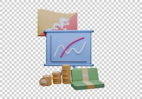 3D render illustration of Bhutan flag and currency called Ngultrum Stock Illustration
