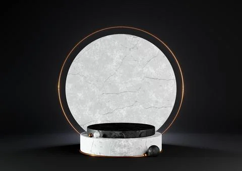 3d render illustration of black and white marble podium on black background Stock-Illustration