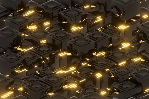 3D render illustration of black geometric shapes with glowing neon lights Stock Illustration