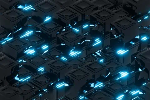 3D render illustration of black geometric shapes with glowing neon lights Stock Illustration