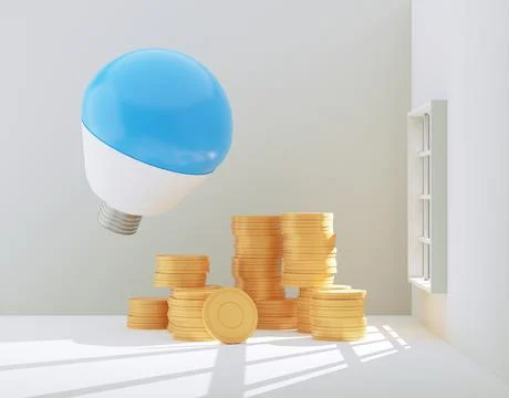 3d render illustration Blue light bulb on soft white background and coins. Stock Illustration