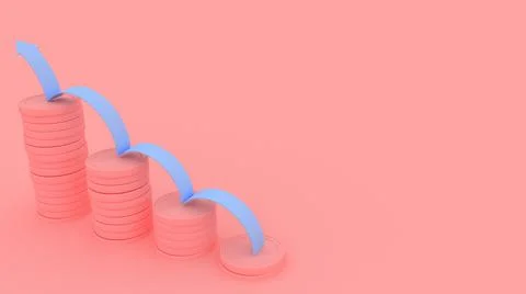 A 3D render illustration of a blue line bouncing up on the stacks of pink coi Stock Illustration