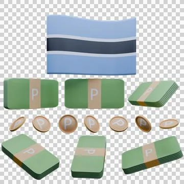 3D render illustration of Botswana flag and currency called Pula Illustrazione stock