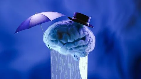 3D render illustration of brain with hat and umbrella, depression concept Stock Illustration