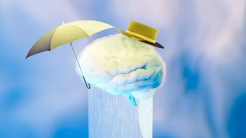 3D render illustration of brain with umbrella and hat Stock Illustration