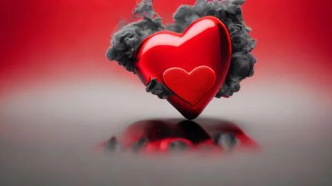 3D render illustration of a bright shiny red heart shape in grey smoke texture o Stock Illustration