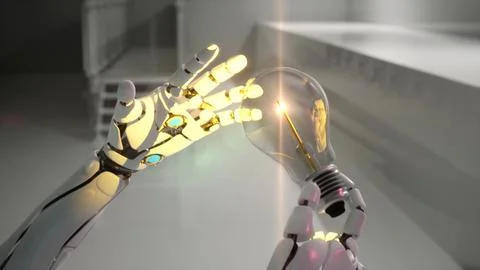 3d render illustration of bulb in artificial intelligence robot hands. Holdi Stock Photos