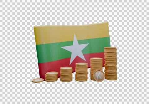 3D render illustration of Burma flag and currency called Kyat Stockillustratie