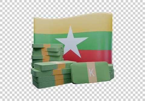 3D render illustration of Burma flag and currency called Kyat Stock Illustration