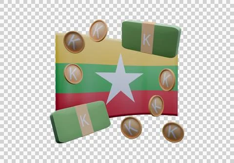 3D render illustration of Burma flag and currency called Kyat Stock Illustration