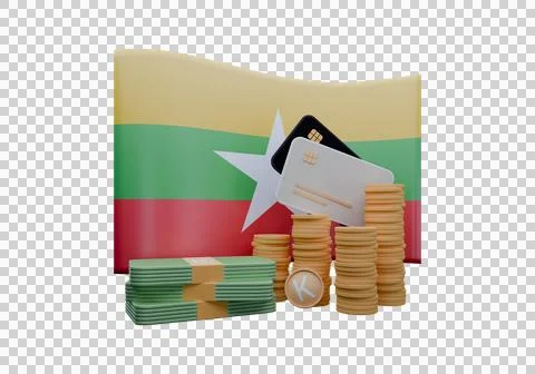 3D render illustration of Burma flag and currency called Kyat Stock Illustration