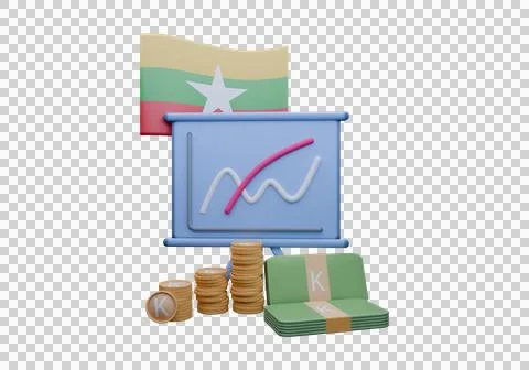 3D render illustration of Burma flag and currency called Kyat Stockillustratie