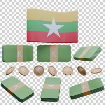 3D render illustration of Burma flag and currency called Kyat Illustration