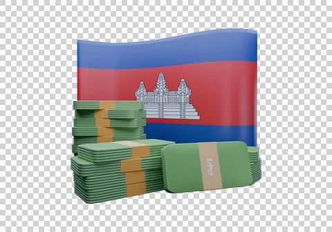 3D render illustration of Cambodia flag and currency called Riel Stock Illustration