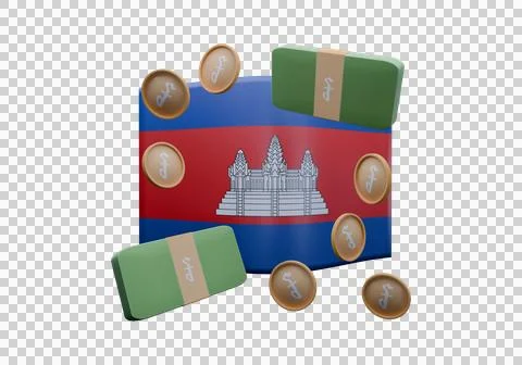 3D render illustration of Cambodia flag and currency called Riel Stock Illustration