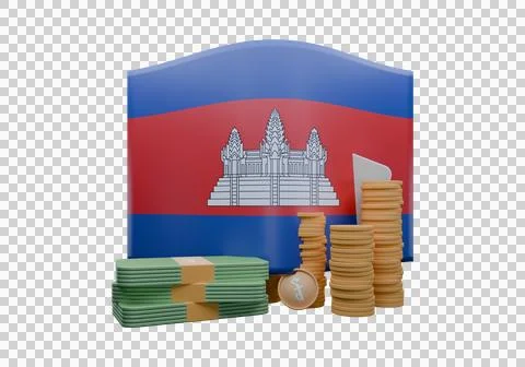 3D render illustration of Cambodia flag and currency called Riel Stock Illustration