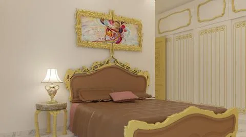 3d render Illustration classic style bedroom. white, black and gold theme cla Stock Illustration