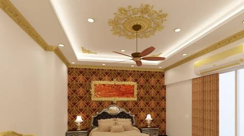 3d render Illustration classic style bedroom ceiling. white, red and gold col Illustrazione stock