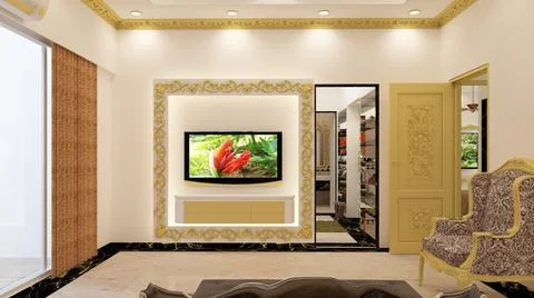 3d render Illustration classic style living room tv unit. white, black and go Illustrazione stock