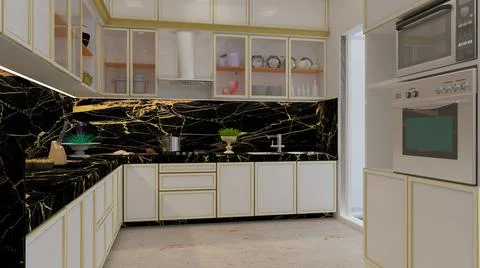 3d render Illustration classic style kitchen. white, black and gold theme cla Stock Illustration
