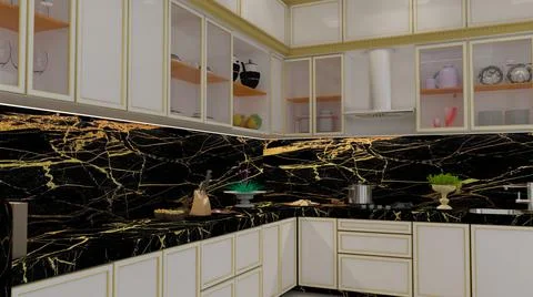 3d render Illustration classic style kitchen. white, black and gold theme cla Stock Illustration
