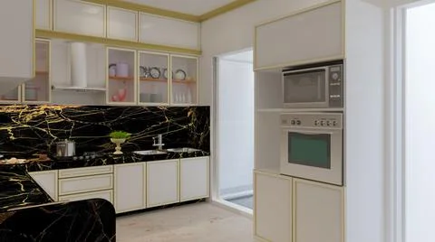3d render Illustration classic style kitchen. white, black and gold theme cla Illustrazione stock