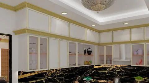 3d render Illustration classic style kitchen. white, black and gold theme cla Illustrazione stock