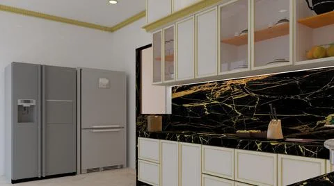 3d render Illustration classic style kitchen. white, black and gold theme cla Stock Illustration