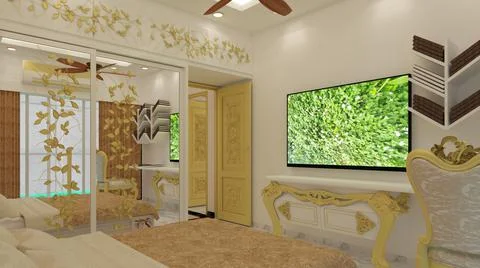 3d render Illustration classic style bedroom. white, black and gold theme cla Illustrazione stock