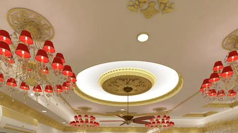 3d render Illustration classic style living room ceiling. white, red and gold Illustrazione stock