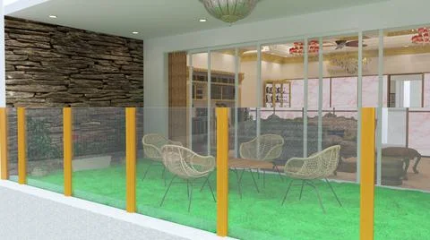 3d render Illustration classic style balcony with living room. white, black a Illustrazione stock