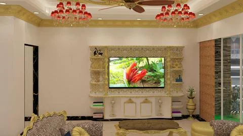 3d render Illustration classic style living room tv unit. white, black and go Illustrazione stock