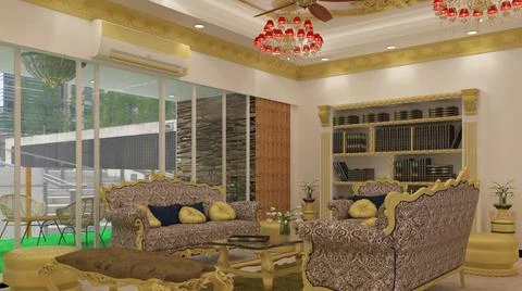 3d render Illustration classic style living room. white, black and gold color Illustrazione stock