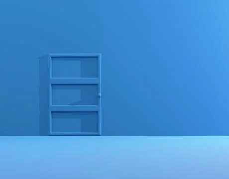 3d render illustration, closed blue classic door, isolated on a blue background. Stock Illustration