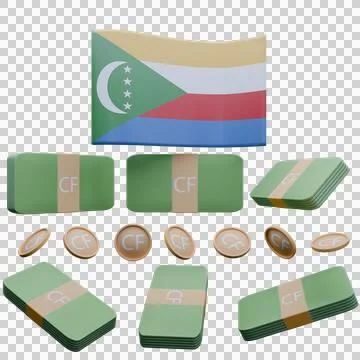 3D render illustration of Comoros flag and currency called Franc Stock Illustration