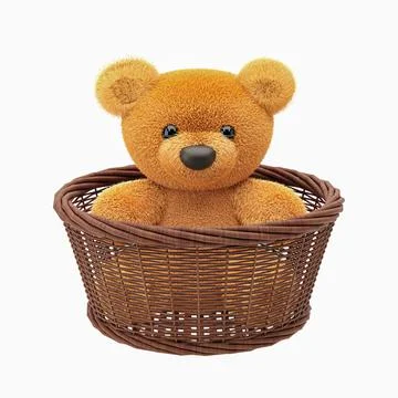 3d render illustration of a cute bear in a wicker basket on white background. イラスト素材