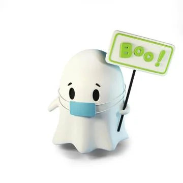 3D render illustration of cute friendly Ghost in medical mask. With an Stock Illustration