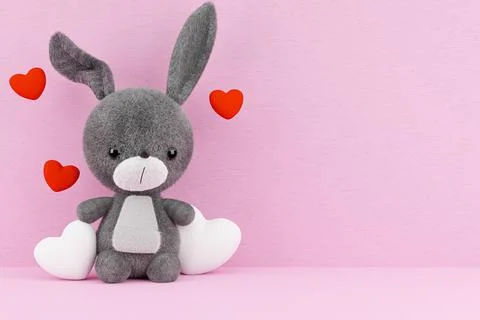 3d render illustration of cute rabbit toy model on pink background. Illustrazione stock