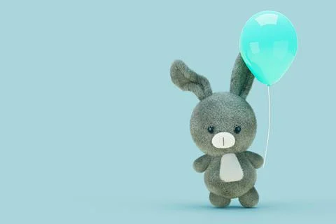 3d render illustration of a cute stuffed rabbit and a blue balloon blue backg Illustrazione stock