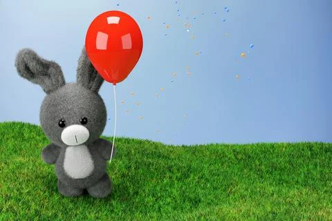 3d render illustration of a cute stuffed toy rabbit holding a red balloon. Stock Illustration